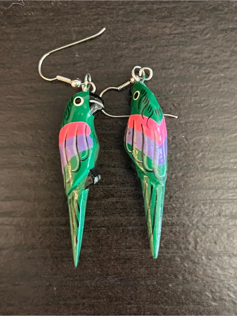 Green Parrot Bird Earrings with Pink & Purple Accents